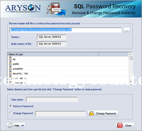 Aryson SQL Password Recovery Screenshots